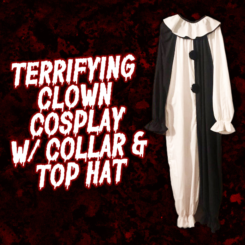 Terrifying Clown Cosplay: Includes one piece suit, collar, & top hat